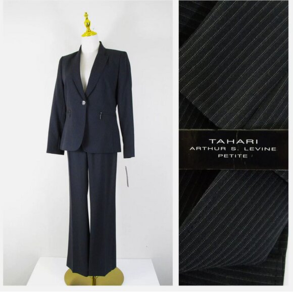 SOLDTahari Petite Black Pinstripe Pant Suit 4P Formal Business Career NWT $280 - Picture 1 of 13
